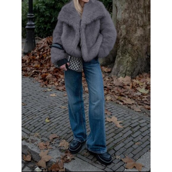 Women's Faux Fur Coat Winter Shaggy Casual Oversized Lapel Jacket Warm Dark Grey - Picture 5 of 5